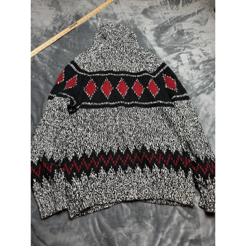 American Eagle Full Zip Cardigan Mens Large Black Red Fair Isle Shawl Sweater
